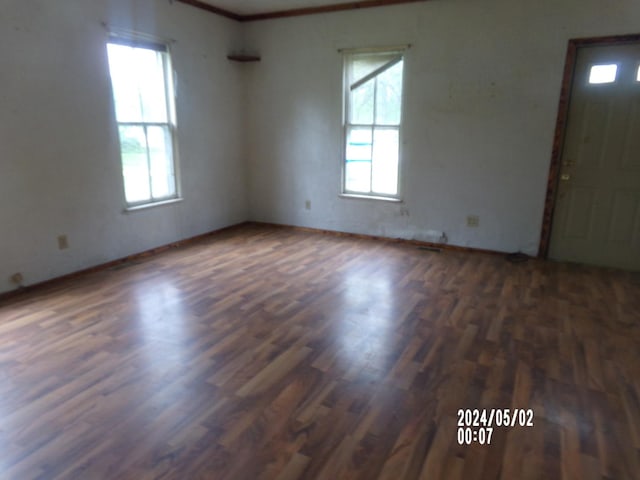 spare room featuring plenty of natural light, wood finished floors, baseboards, and ornamental molding