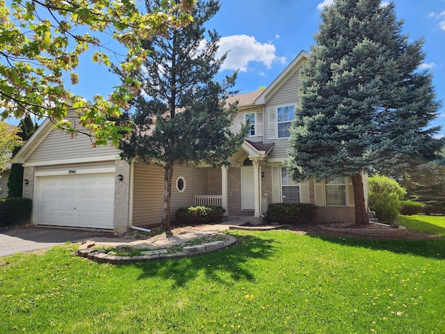 obstructed view of property featuring brick siding, a front lawn, driveway, and a garage