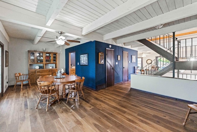 dining room with stairs, beamed ceiling, wood-type flooring, and ceiling fan