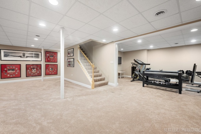 2401 Legacy Dr, Aurora, IL 60502 - workout room featuring carpet floors, a drop ceiling, recessed lighting, and baseboards
