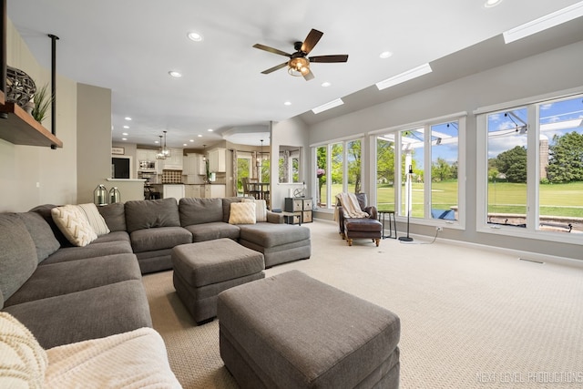 2401 Legacy Dr, Aurora, IL 60502 - living room featuring recessed lighting, a ceiling fan, carpet flooring, and baseboards