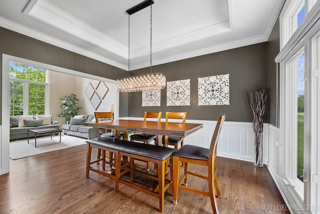 2401 Legacy Dr, Aurora, IL 60502 - dining room featuring dark wood-type flooring, a raised ceiling, a chandelier, ornamental molding, and wainscoting