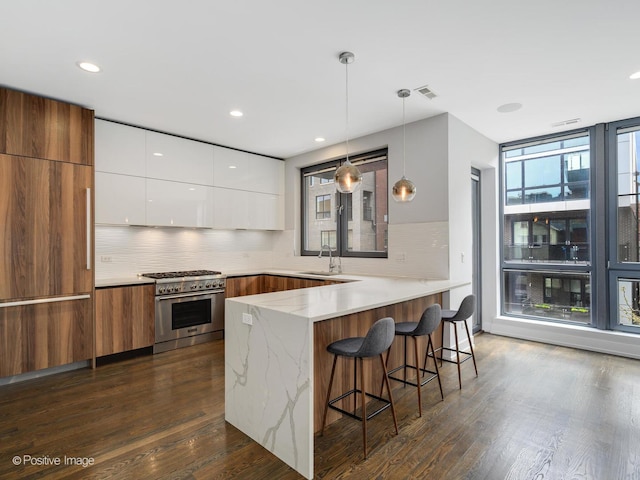 kitchen featuring high end stainless steel range oven, modern cabinets, a sink, a peninsula, and tasteful backsplash