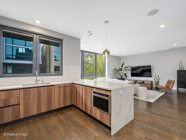 kitchen featuring a sink, dark wood-style flooring, stainless steel oven, and modern cabinets
