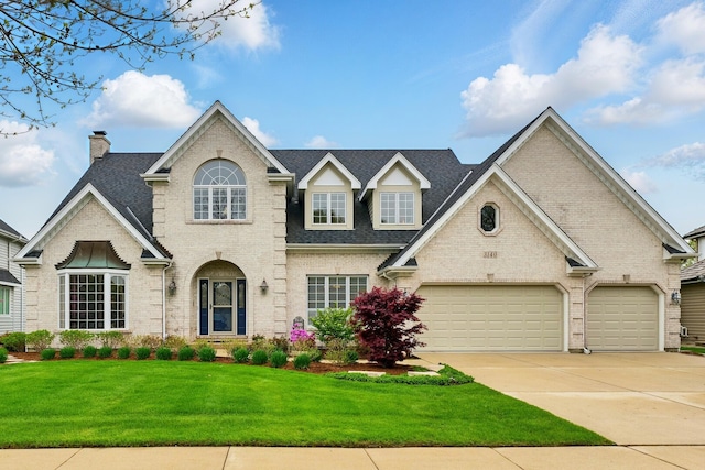 traditional-style house featuring brick siding, concrete driveway, a front yard, a chimney, and roof with shingles