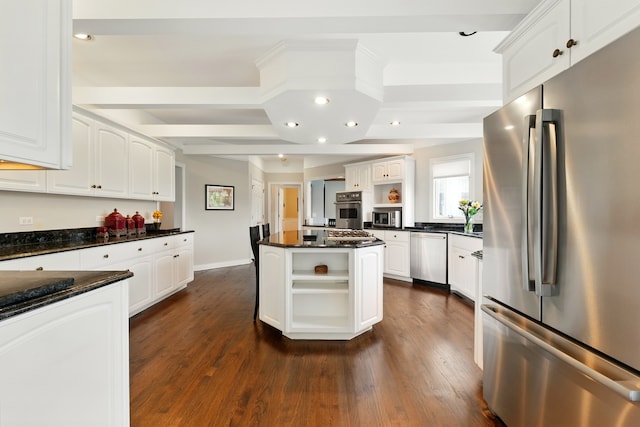kitchen featuring appliances with stainless steel finishes, open shelves, dark wood-type flooring, white cabinetry, and recessed lighting