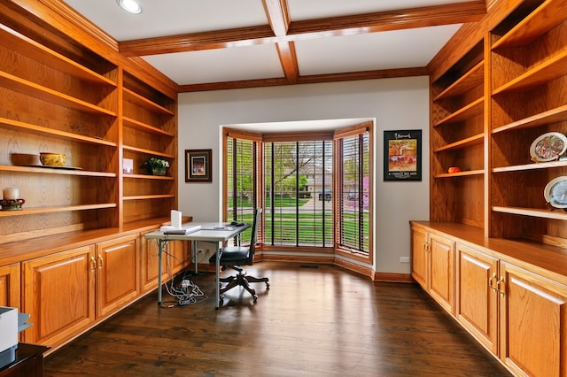 home office featuring dark wood finished floors, baseboards, beam ceiling, and coffered ceiling