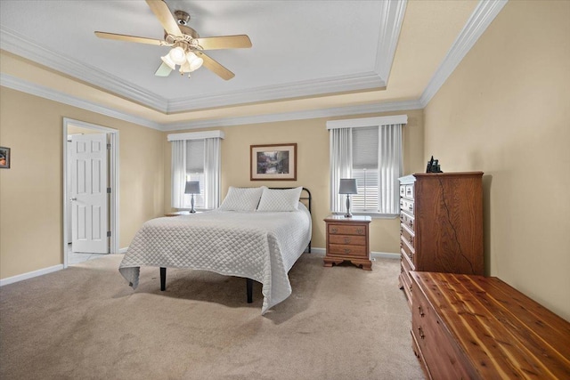 1721 Partridge Pt, Normal, IL 61761 - bedroom featuring light carpet, a raised ceiling, ornamental molding, baseboards, and a ceiling fan