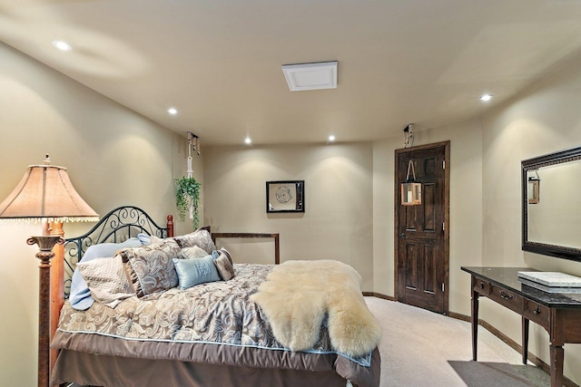 bedroom featuring carpet, baseboards, and recessed lighting
