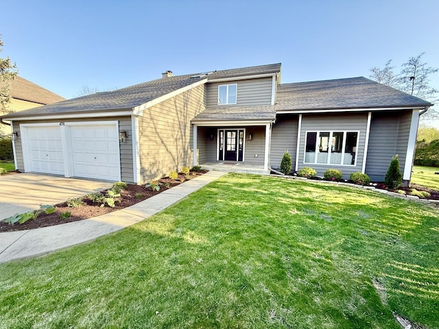 traditional home with covered porch, an attached garage, a chimney, concrete driveway, and a front yard