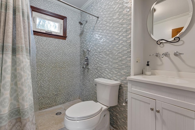 19 S 11th St, Saint Charles, IL 60174 - bathroom with crown molding, a tile shower, toilet, and vanity