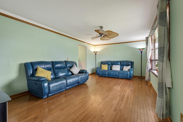 19 S 11th St, Saint Charles, IL 60174 - living room with a ceiling fan, light wood-style floors, ornamental molding, and baseboards