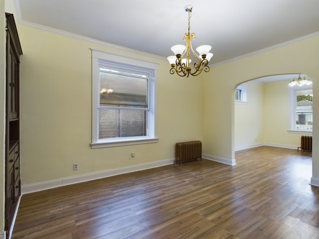 625 Ingraham Ave, Calumet City, IL 60409 - unfurnished room with an inviting chandelier, radiator, arched walkways, ornamental molding, and dark wood-style floors