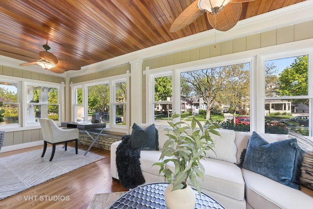 sunroom with wooden ceiling, healthy amount of natural light, and wood finished floors