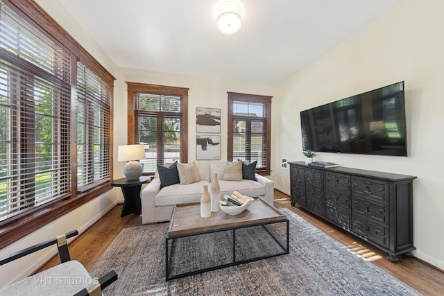 living area featuring wood finished floors and baseboards