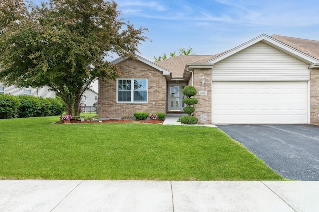 6361 Patricia Dr, Matteson, IL 60443 - single story home with brick siding, asphalt driveway, a garage, a front yard, and a shingled roof