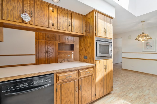 9228 Ridgeland Ave, Oak Lawn, IL 60453 - kitchen with dishwasher, stainless steel microwave, light countertops, light wood-style flooring, and brown cabinetry