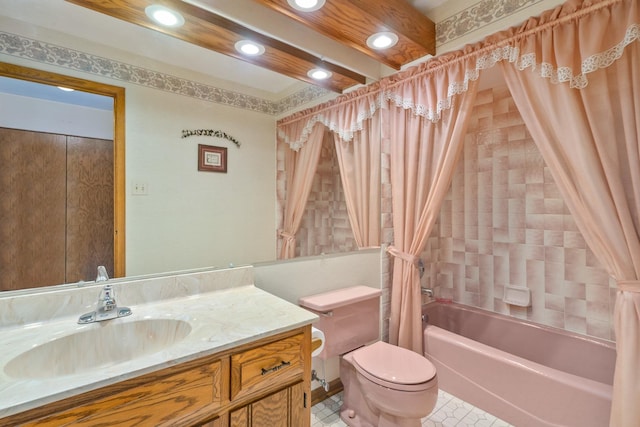 9228 Ridgeland Ave, Oak Lawn, IL 60453 - bathroom with shower / bathtub combination with curtain, vanity, tile patterned flooring, and recessed lighting