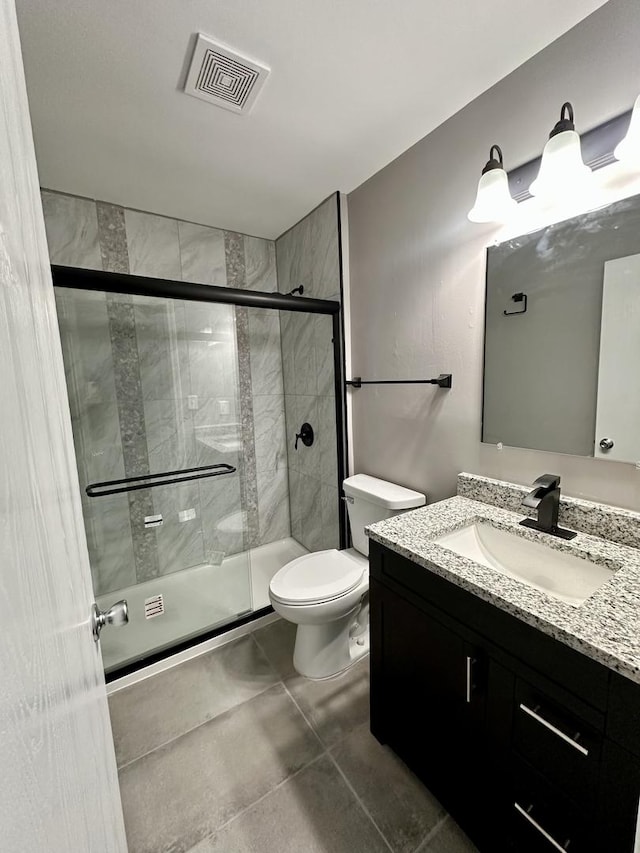 full bathroom featuring a stall shower, toilet, vanity, and visible vents