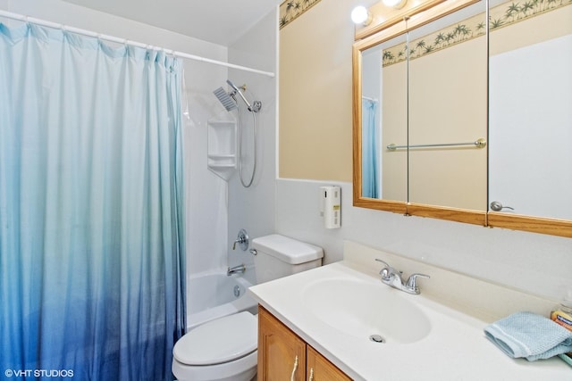 bathroom with shower / bath combo with shower curtain, toilet, and vanity