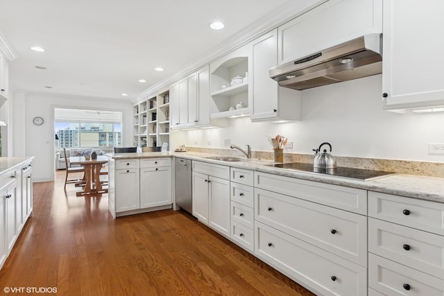 kitchen featuring open shelves, under cabinet range hood, a sink, dishwasher, and black electric stovetop
