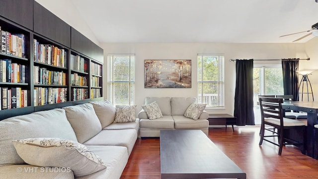 376 Willow Rd, Lakemoor, IL 60051 - living area with dark wood-type flooring, ceiling fan, and lofted ceiling