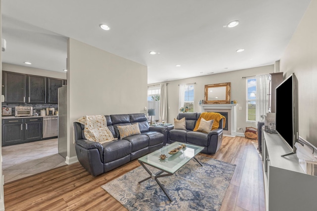 8529 Sawyer Ct, Joliet, IL 60431 - living room with light wood finished floors, a premium fireplace, and recessed lighting