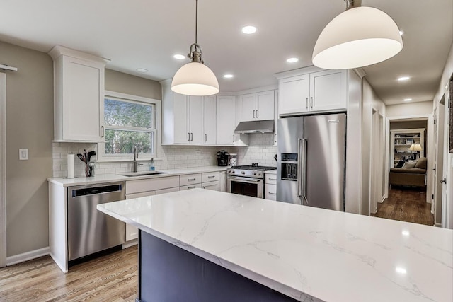 962 Thompson Blvd, Buffalo Grove, IL 60089 - kitchen featuring appliances with stainless steel finishes, under cabinet range hood, a sink, light wood-style flooring, and recessed lighting