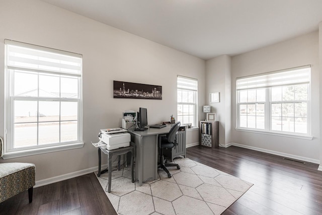 office featuring baseboards, visible vents, and wood finished floors