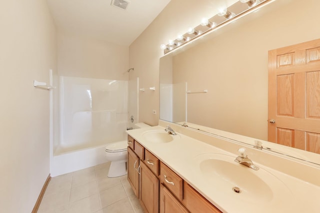 full bathroom with washtub / shower combination, toilet, tile patterned flooring, and double vanity
