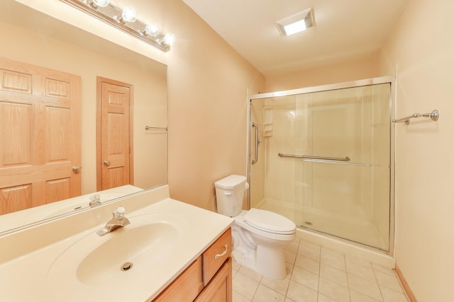 bathroom featuring tile patterned floors, a stall shower, toilet, and vanity