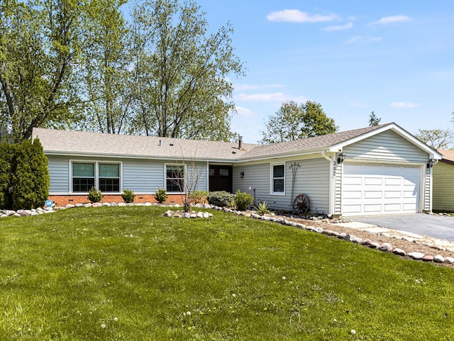 302 Delaware Dr, Bolingbrook, IL 60440 - ranch-style house featuring a front yard, a shingled roof, a garage, and aphalt driveway