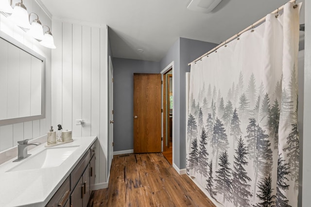 2810 Billie Limacher Ln, Plainfield, IL 60586 - bathroom with wood finished floors, vanity, baseboards, and a shower with curtain