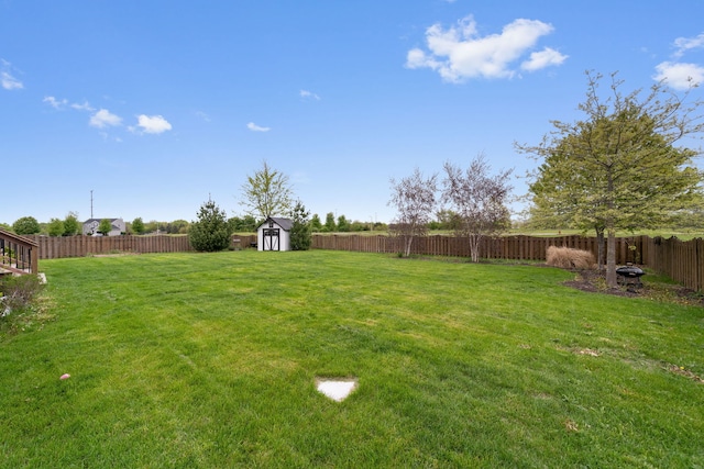 view of yard with an outbuilding, a shed, and a fenced backyard