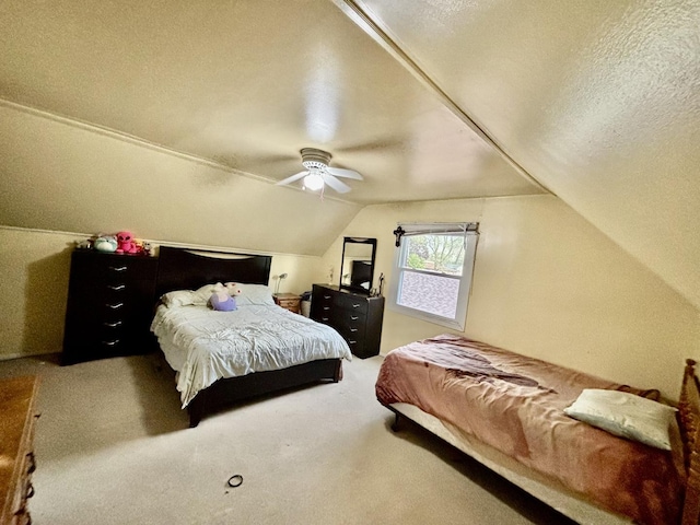 14539 Avers Ave, Midlothian, IL 60445 - bedroom with a textured ceiling, vaulted ceiling, carpet flooring, and a ceiling fan