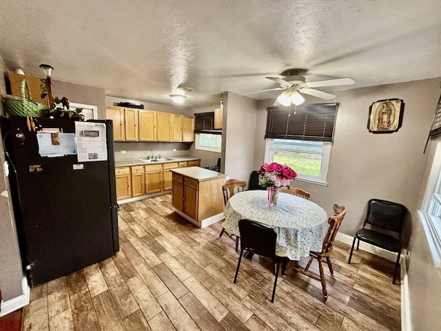 14539 Avers Ave, Midlothian, IL 60445 - dining room featuring light wood-type flooring, a textured ceiling, ceiling fan, and baseboards