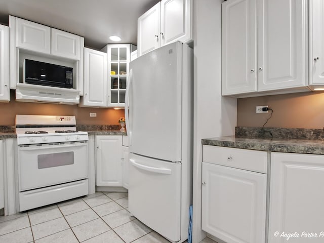 2912 Magellan Dr, Mchenry, IL 60051 - kitchen featuring white appliances, under cabinet range hood, white cabinetry, dark countertops, and recessed lighting