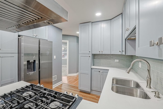 359 Juniper Tree Ct, Hoffman Estates, IL 60169 - kitchen with a sink, range hood, stainless steel fridge with ice dispenser, light wood-style floors, and tasteful backsplash