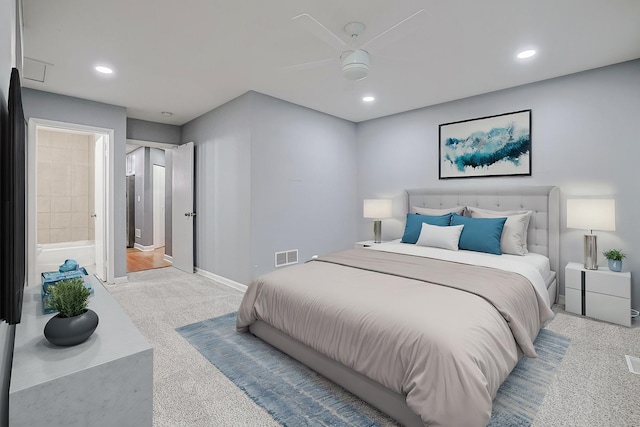359 Juniper Tree Ct, Hoffman Estates, IL 60169 - carpeted bedroom with a ceiling fan, visible vents, baseboards, ensuite bath, and recessed lighting