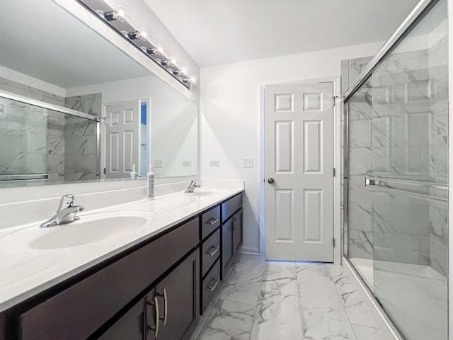 1587 Glenbrooke Ln, New Lenox, IL 60451 - bathroom with a marble finish shower, marble finish floor, double vanity, and a sink