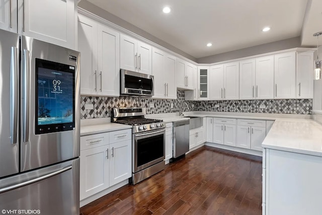 4631 S Evans Ave, Chicago, IL 60653 - kitchen featuring appliances with stainless steel finishes, white cabinetry, dark wood finished floors, light countertops, and recessed lighting