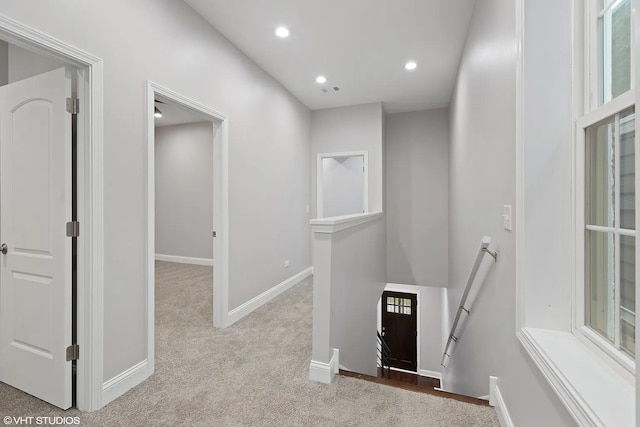 4631 S Evans Ave, Chicago, IL 60653 - corridor featuring an upstairs landing, carpet floors, baseboards, heating unit, and recessed lighting