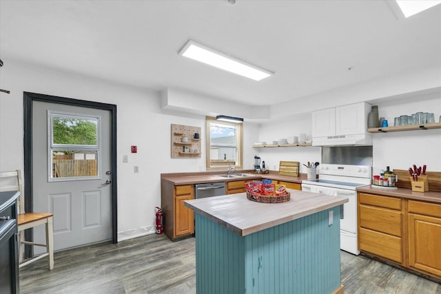 kitchen featuring white range with electric cooktop, open shelves, butcher block counters, and wood finished floors