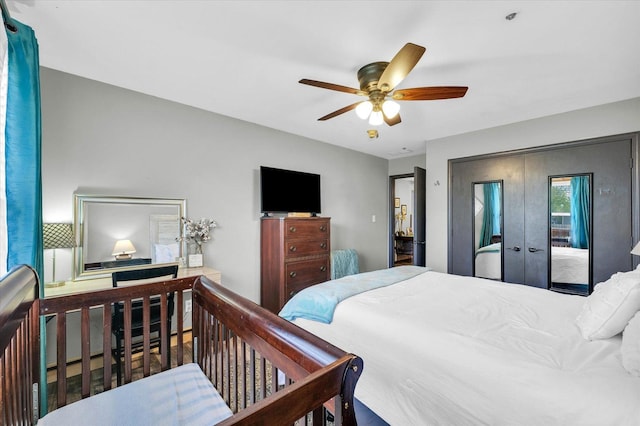 bedroom with french doors and a ceiling fan
