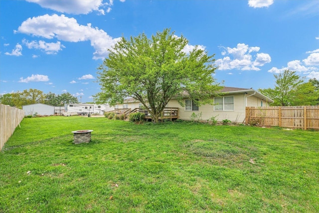 view of yard featuring a fenced backyard, an outdoor fire pit, and a deck