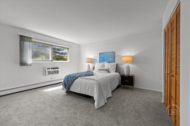 1313A S Rebecca Rd Unit 202, Lombard, IL 60148 - bedroom featuring baseboard heating, an AC wall unit, carpet, and a closet