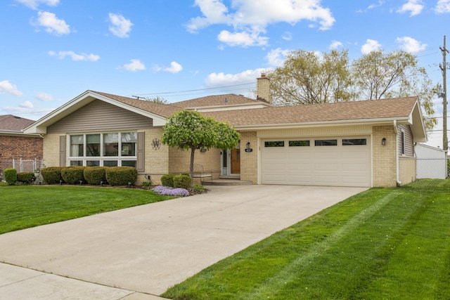 437 Wingate Dr, Schaumburg, IL 60193 - ranch-style home with brick siding, a garage, a chimney, driveway, and a shingled roof