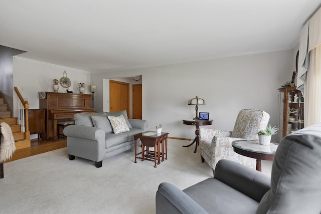 437 Wingate Dr, Schaumburg, IL 60193 - living area featuring crown molding, stairs, baseboards, and light carpet