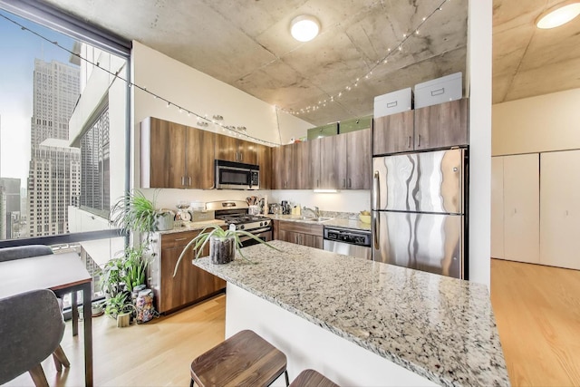 235 W Van Buren St Unit 3414, Chicago, IL 60607 - kitchen featuring stainless steel appliances, light wood-type flooring, a city view, and light stone counters