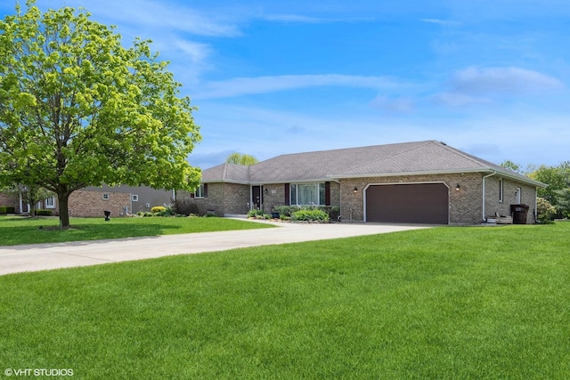 ranch-style house with an attached garage, a front yard, driveway, and brick siding